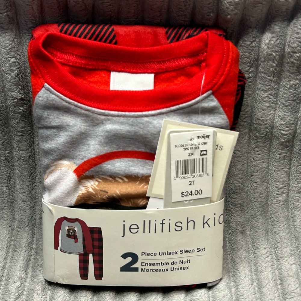 Jellifish Kids New 2pc Grey/Red Plaid Bear Sleep Set 2 Unisex 2T